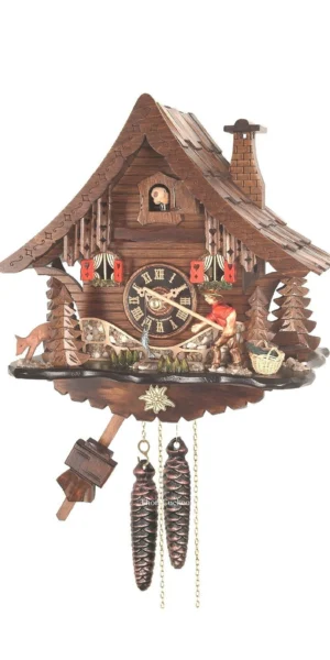 นาฬิกากุ๊กกูเยอรมัน Black Forest Germany ระบบกลไกไขลาน 1 วัน บ้านไม้สไตล์ Black Forest คนตกปลาเคลื่อนไหว รหัสสินค้า 0930