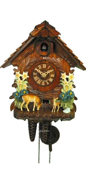 นาฬิกากุ๊กกูเยอรมัน Black Forest Germany ระบบกลไกไขลาน 1 วัน ลายกวางและสัตว์ป่าแกะสลัก ดอกไม้ยุโรป สีขาว รหัสสินค้า 1011