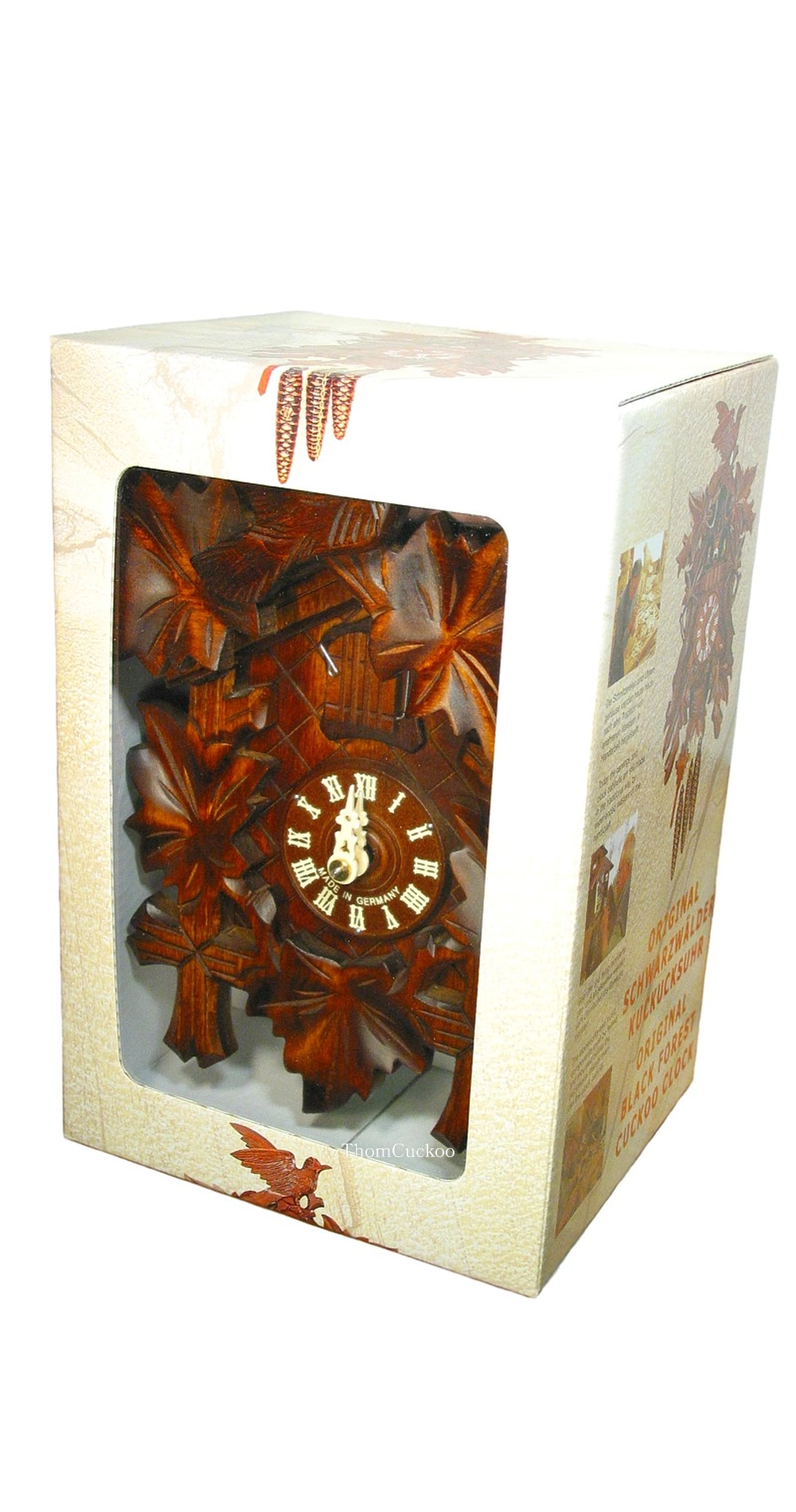 นาฬิกากุ๊กกูเยอรมัน Black Forest Germany ระบบกลไกไขลาน 1 วัน ลายใบไม้และนกแกะสลัก แพ็กกล่องของขวัญ รหัสสินค้า 0842