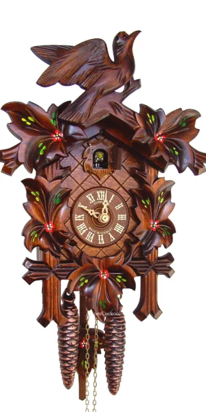 นาฬิกากุ๊กกูเยอรมัน Black Forest Germany ระบบกลไกไขลาน 1 วัน ลายใบไม้และนกแกะสลัก รหัสสินค้า 0890