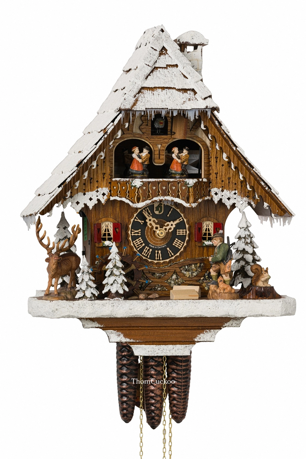 นาฬิกากุ๊กกูเยอรมัน Black Forest Germany ระบบกลไกไขลาน 1 วัน พร้อมเสียงดนตรี บ้านไม้สไตล์ Black Forest ธีมนายพราน รหัสสินค้า 0835