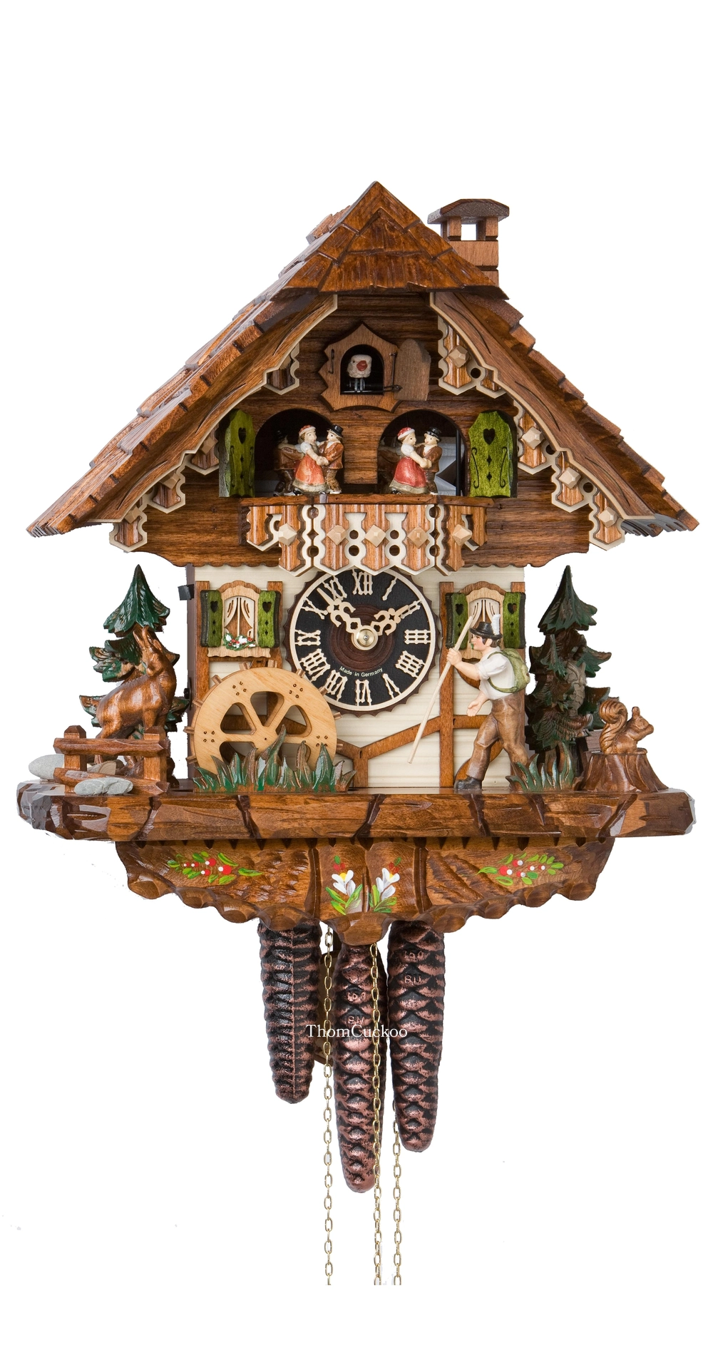 นาฬิกากุ๊กกูเยอรมัน Black Forest Germany ระบบกลไกไขลาน 1 วัน พร้อมเสียงดนตรี บ้านไม้สไตล์ Black Forest นักเดินป่าเคลื่อนไหว รหัสสินค้า 0826