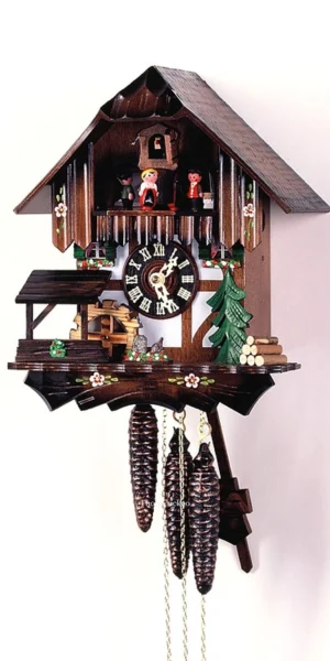 นาฬิกากุ๊กกูเยอรมัน Black Forest Germany ระบบกลไกไขลาน 1 วัน พร้อมเสียงดนตรี บ้านไม้สไตล์ Black Forest กังหันน้ำหมุนได้ รหัสสินค้า 0753