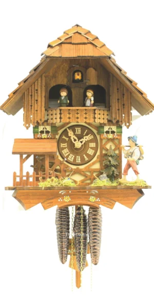 นาฬิกากุ๊กกูเยอรมัน Black Forest Germany ระบบกลไกไขลาน 1 วัน พร้อมเสียงดนตรี บ้านไม้สไตล์ Black Forest กังหันน้ำหมุนได้ รหัสสินค้า 0807