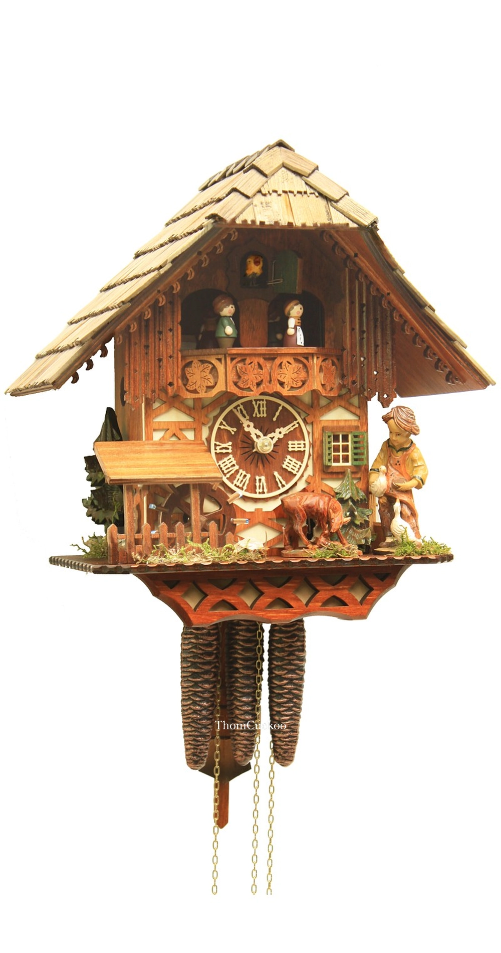 นาฬิกากุ๊กกูเยอรมัน Black Forest Germany ระบบกลไกไขลาน 1 วัน พร้อมเสียงดนตรี บ้านไม้สไตล์ Black Forest กังหันน้ำหมุนได้ รหัสสินค้า 0814