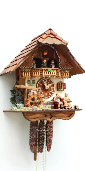นาฬิกากุ๊กกูเยอรมัน Black Forest Germany ระบบกลไกไขลาน 1 วัน พร้อมเสียงดนตรี บ้านไม้สไตล์ Black Forest กังหันน้ำหมุนได้ รหัสสินค้า 0817