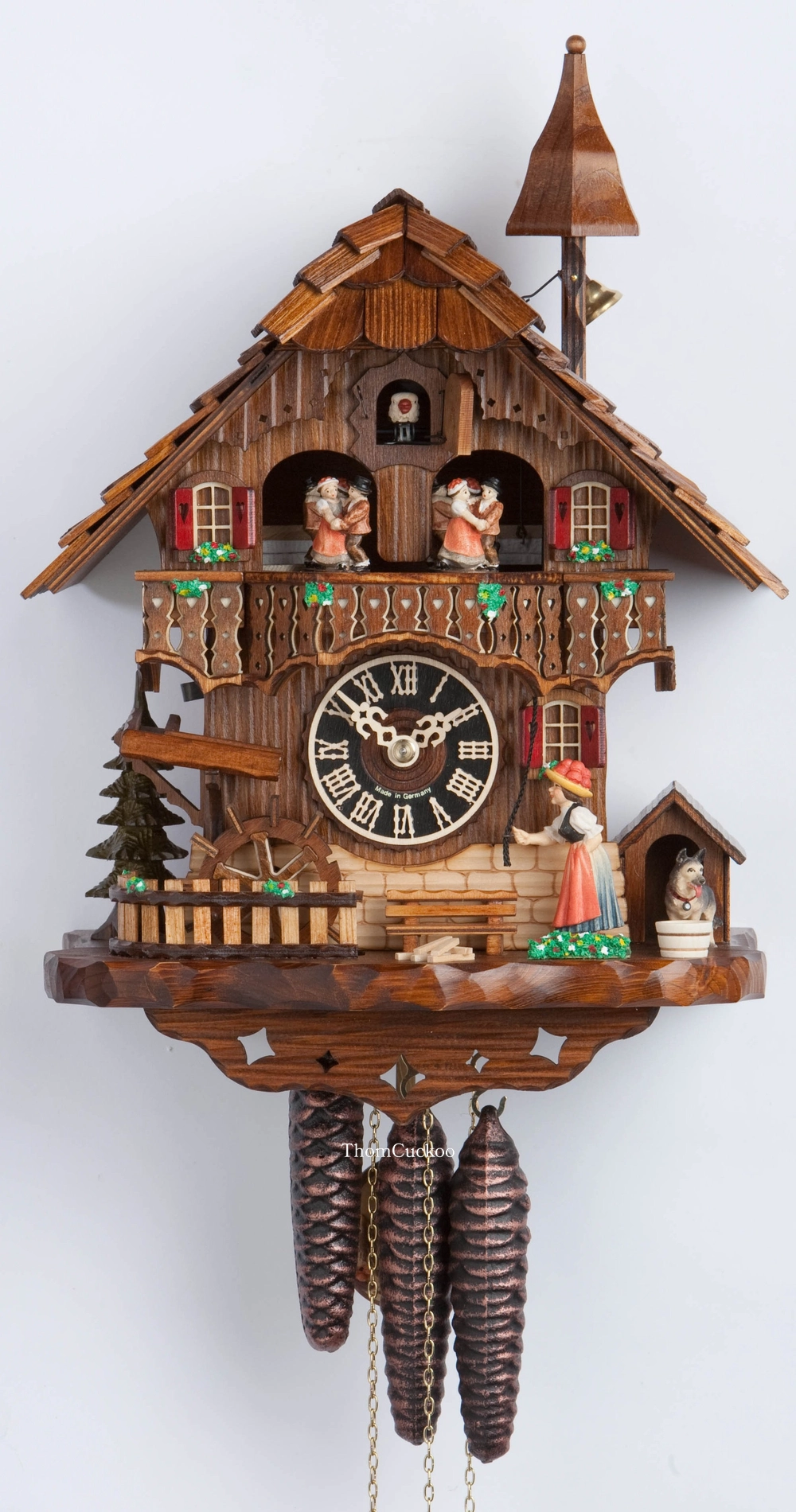 นาฬิกากุ๊กกูเยอรมัน Black Forest Germany ระบบกลไกไขลาน 1 วัน พร้อมเสียงดนตรี บ้านไม้สไตล์ Black Forest กังหันน้ำหมุนได้ รหัสสินค้า 0820