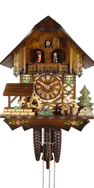 นาฬิกากุ๊กกูเยอรมัน Black Forest Germany ระบบกลไกไขลาน 1 วัน พร้อมเสียงดนตรี บ้านไม้สไตล์ Black Forest คนตัดไม้เคลื่อนไหว กังหันน้ำหมุนได้ รหัสสินค้า 0759