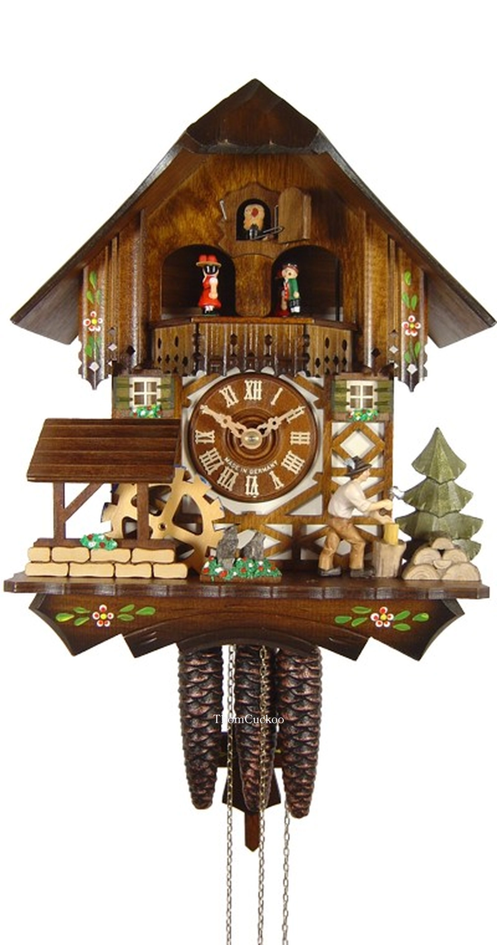 นาฬิกากุ๊กกูเยอรมัน Black Forest Germany ระบบกลไกไขลาน 1 วัน พร้อมเสียงดนตรี บ้านไม้สไตล์ Black Forest คนตัดไม้เคลื่อนไหว กังหันน้ำหมุนได้ รหัสสินค้า 0759
