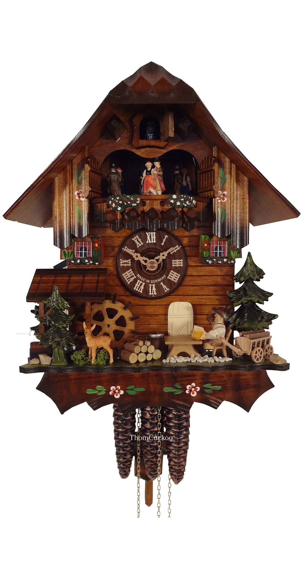นาฬิกากุ๊กกูเยอรมัน Black Forest Germany ระบบกลไกไขลาน 1 วัน พร้อมเสียงดนตรี บ้านไม้สไตล์ Black Forest คนดื่มเบียร์เคลื่อนไหว กวางและสัตว์ป่า รหัสสินค้า 0769