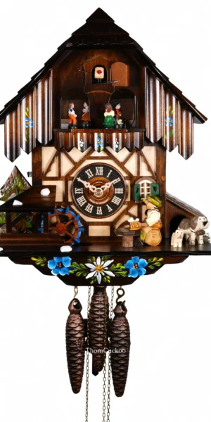 นาฬิกากุ๊กกูเยอรมัน Black Forest Germany ระบบกลไกไขลาน 1 วัน พร้อมเสียงดนตรี บ้านไม้สไตล์ Black Forest คนดื่มเบียร์เคลื่อนไหว กังหันน้ำหมุนได้ รหัสสินค้า 0770