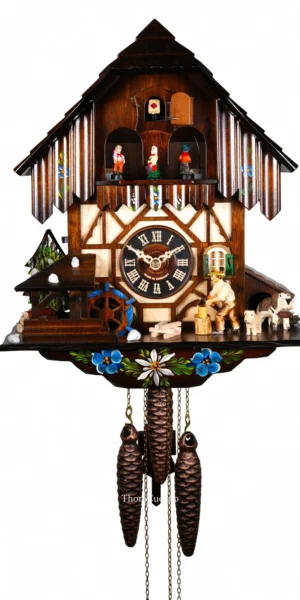 นาฬิกากุ๊กกูเยอรมัน Black Forest Germany ระบบกลไกไขลาน 1 วัน พร้อมเสียงดนตรี บ้านไม้สไตล์ Black Forest คนตัดไม้เคลื่อนไหว กังหันน้ำหมุนได้ รหัสสินค้า 0773