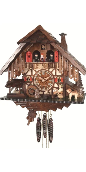 นาฬิกากุ๊กกูเยอรมัน Black Forest Germany ระบบกลไกไขลาน 1 วัน พร้อมเสียงดนตรี บ้านไม้สไตล์ Black Forest คนดื่มเบียร์เคลื่อนไหว กังหันน้ำหมุนได้ รหัสสินค้า 0777