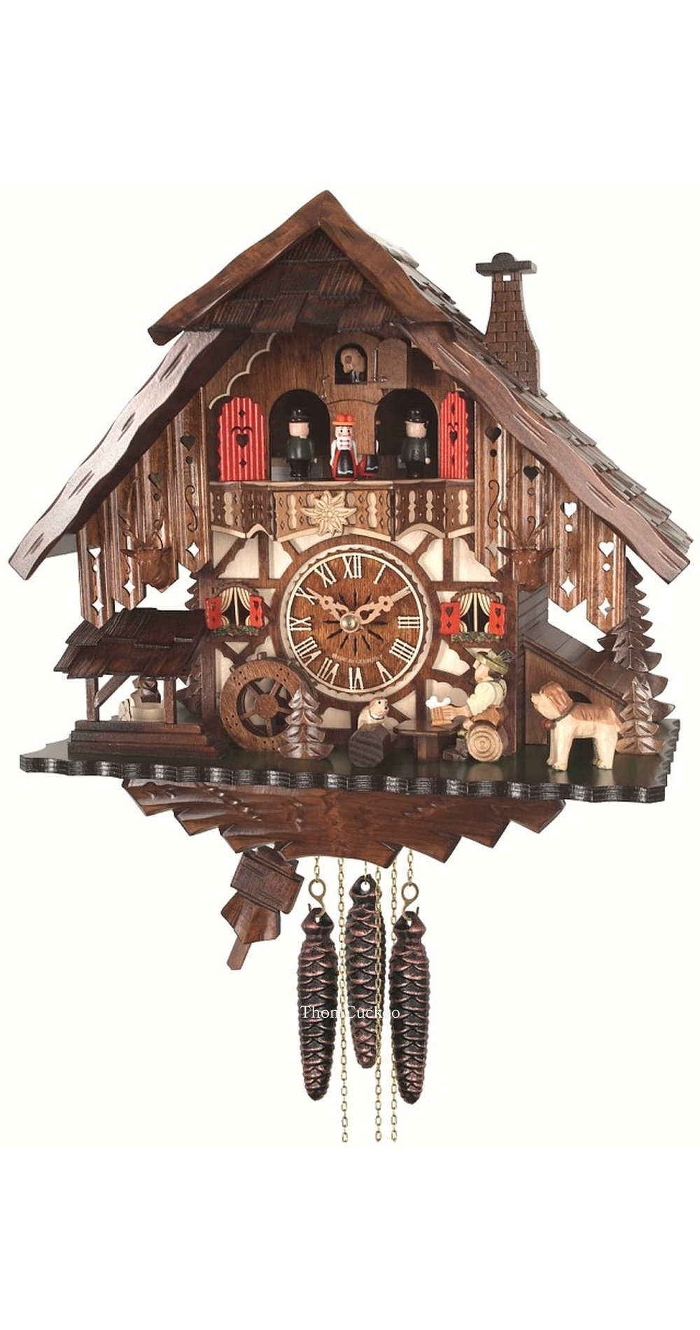 นาฬิกากุ๊กกูเยอรมัน Black Forest Germany ระบบกลไกไขลาน 1 วัน พร้อมเสียงดนตรี บ้านไม้สไตล์ Black Forest คนดื่มเบียร์เคลื่อนไหว กังหันน้ำหมุนได้ รหัสสินค้า 0777