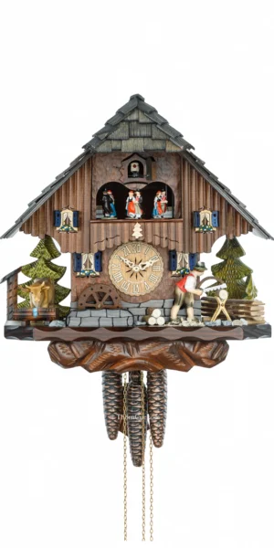 นาฬิกากุ๊กกูเยอรมัน Black Forest Germany ระบบกลไกไขลาน 1 วัน พร้อมเสียงดนตรี บ้านไม้สไตล์ Black Forest คนตัดไม้เคลื่อนไหว กังหันน้ำหมุนได้ รหัสสินค้า 0779