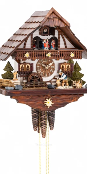 นาฬิกากุ๊กกูเยอรมัน Black Forest Germany ระบบกลไกไขลาน 1 วัน พร้อมเสียงดนตรี บ้านไม้สไตล์ Black Forest คนตัดไม้เคลื่อนไหว กังหันน้ำหมุนได้ รหัสสินค้า 0790