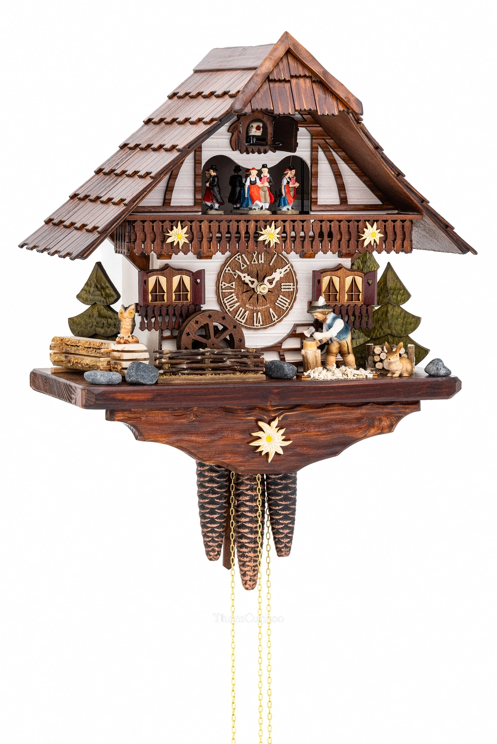 นาฬิกากุ๊กกูเยอรมัน Black Forest Germany ระบบกลไกไขลาน 1 วัน พร้อมเสียงดนตรี บ้านไม้สไตล์ Black Forest คนตัดไม้เคลื่อนไหว กังหันน้ำหมุนได้ รหัสสินค้า 0790