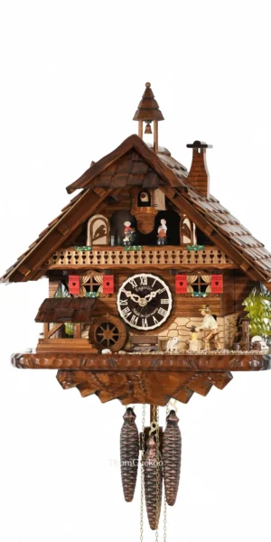 นาฬิกากุ๊กกูเยอรมัน Black Forest Germany ระบบกลไกไขลาน 1 วัน พร้อมเสียงดนตรี บ้านไม้สไตล์ Black Forest คนตัดไม้เคลื่อนไหว กังหันน้ำหมุนได้ รหัสสินค้า 0791