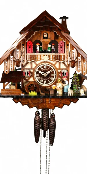 นาฬิกากุ๊กกูเยอรมัน Black Forest Germany ระบบกลไกไขลาน 1 วัน พร้อมเสียงดนตรี บ้านไม้สไตล์ Black Forest คนดื่มเบียร์เคลื่อนไหว กังหันน้ำหมุนได้ ตัวละครหญิงเคลื่อนไหว รหัสสินค้า 0795
