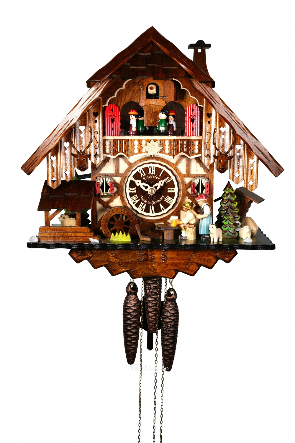 นาฬิกากุ๊กกูเยอรมัน Black Forest Germany ระบบกลไกไขลาน 1 วัน พร้อมเสียงดนตรี บ้านไม้สไตล์ Black Forest คนดื่มเบียร์เคลื่อนไหว กังหันน้ำหมุนได้ ตัวละครหญิงเคลื่อนไหว รหัสสินค้า 0795