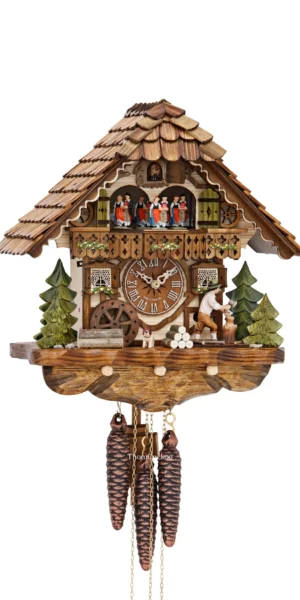 นาฬิกากุ๊กกูเยอรมัน Black Forest Germany ระบบกลไกไขลาน 1 วัน พร้อมเสียงดนตรี บ้านไม้สไตล์ Black Forest คนตัดไม้เคลื่อนไหว กังหันน้ำหมุนได้ รหัสสินค้า 0796