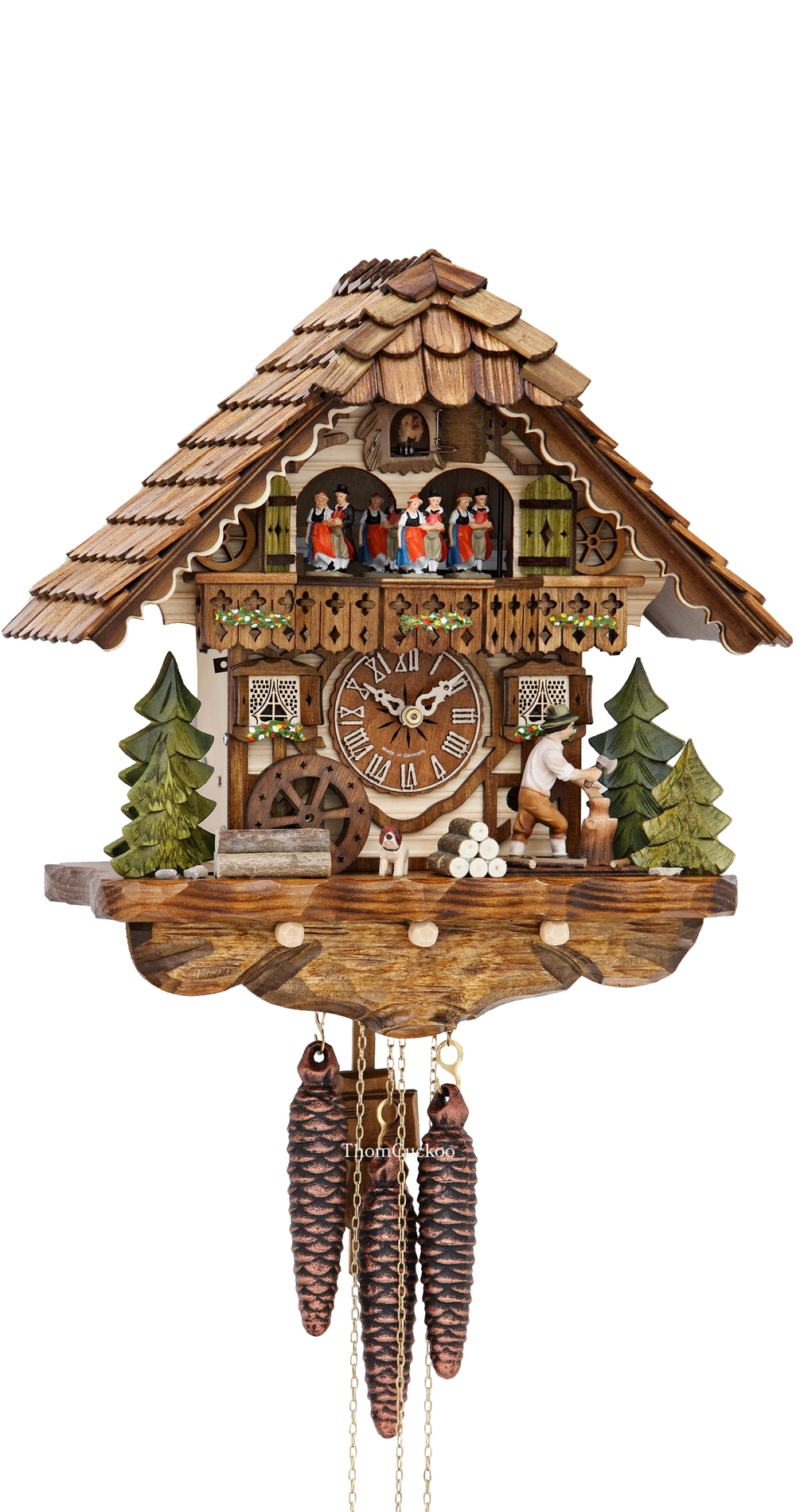 นาฬิกากุ๊กกูเยอรมัน Black Forest Germany ระบบกลไกไขลาน 1 วัน พร้อมเสียงดนตรี บ้านไม้สไตล์ Black Forest คนตัดไม้เคลื่อนไหว กังหันน้ำหมุนได้ รหัสสินค้า 0796