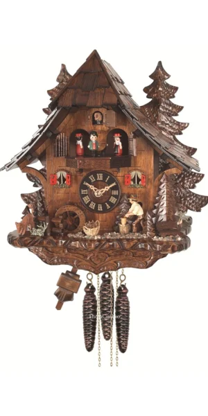 นาฬิกากุ๊กกูเยอรมัน Black Forest Germany ระบบกลไกไขลาน 1 วัน พร้อมเสียงดนตรี บ้านไม้สไตล์ Black Forest คนตัดไม้เคลื่อนไหว กังหันน้ำหมุนได้ รหัสสินค้า 0798