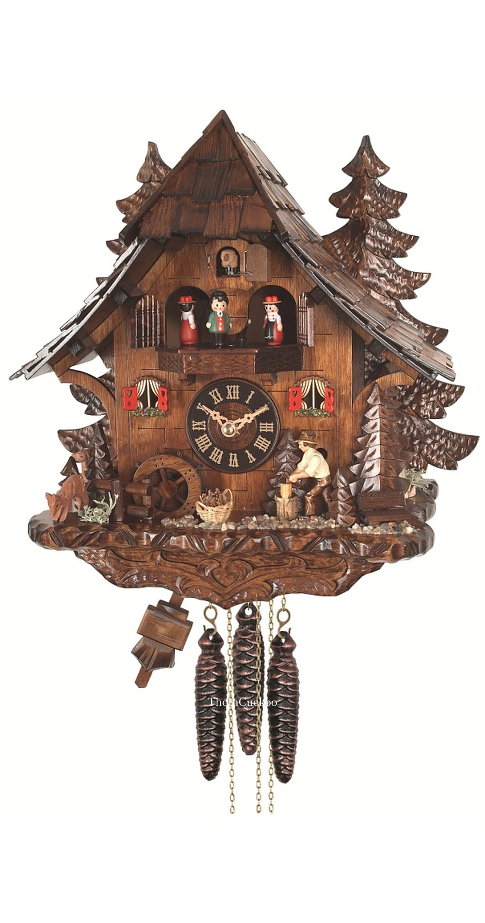 นาฬิกากุ๊กกูเยอรมัน Black Forest Germany ระบบกลไกไขลาน 1 วัน พร้อมเสียงดนตรี บ้านไม้สไตล์ Black Forest คนตัดไม้เคลื่อนไหว กังหันน้ำหมุนได้ รหัสสินค้า 0798