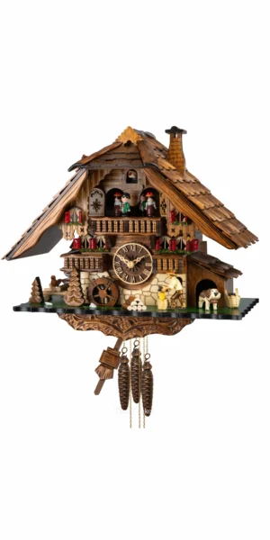 นาฬิกากุ๊กกูเยอรมัน Black Forest Germany ระบบกลไกไขลาน 1 วัน พร้อมเสียงดนตรี บ้านไม้สไตล์ Black Forest คนตัดไม้เคลื่อนไหว กังหันน้ำหมุนได้ รหัสสินค้า 0800