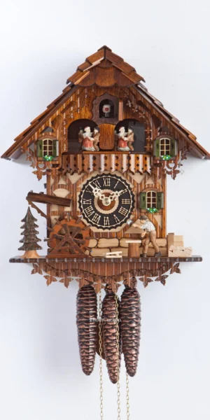 นาฬิกากุ๊กกูเยอรมัน Black Forest Germany ระบบกลไกไขลาน 1 วัน พร้อมเสียงดนตรี บ้านไม้สไตล์ Black Forest คนตัดไม้เคลื่อนไหว กังหันน้ำหมุนได้ รหัสสินค้า 0805