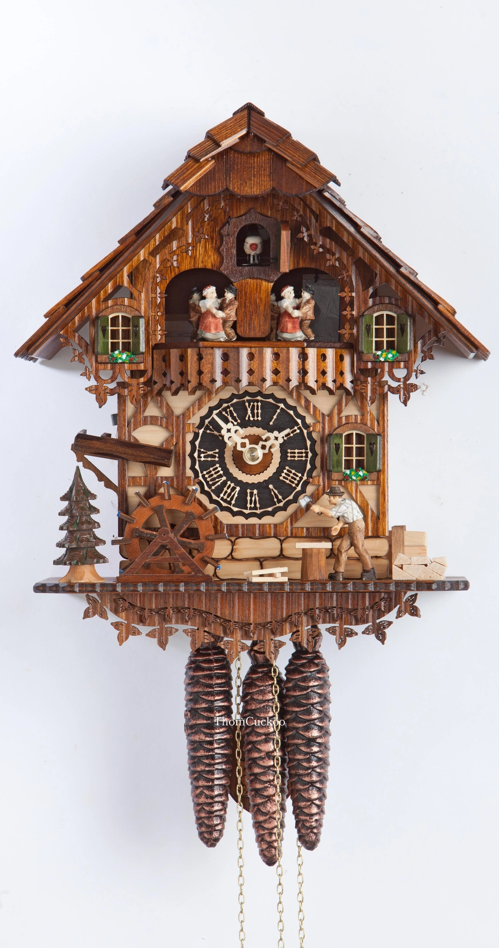 นาฬิกากุ๊กกูเยอรมัน Black Forest Germany ระบบกลไกไขลาน 1 วัน พร้อมเสียงดนตรี บ้านไม้สไตล์ Black Forest คนตัดไม้เคลื่อนไหว กังหันน้ำหมุนได้ รหัสสินค้า 0805
