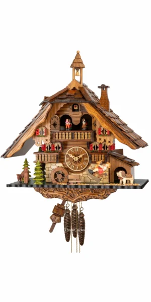 นาฬิกากุ๊กกูเยอรมัน Black Forest Germany ระบบกลไกไขลาน 1 วัน พร้อมเสียงดนตรี บ้านไม้สไตล์ Black Forest กังหันน้ำหมุนได้ ชิงช้าเคลื่อนไหว รหัสสินค้า 0808