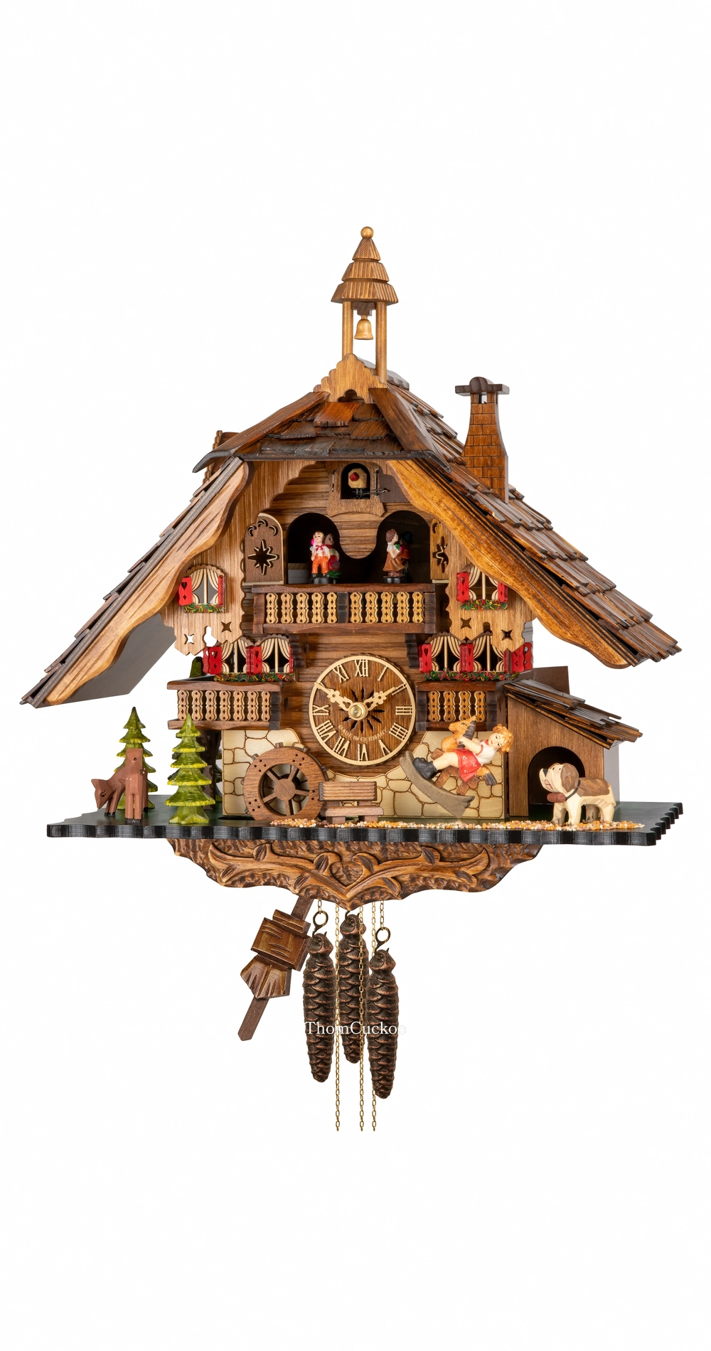 นาฬิกากุ๊กกูเยอรมัน Black Forest Germany ระบบกลไกไขลาน 1 วัน พร้อมเสียงดนตรี บ้านไม้สไตล์ Black Forest กังหันน้ำหมุนได้ ชิงช้าเคลื่อนไหว รหัสสินค้า 0808