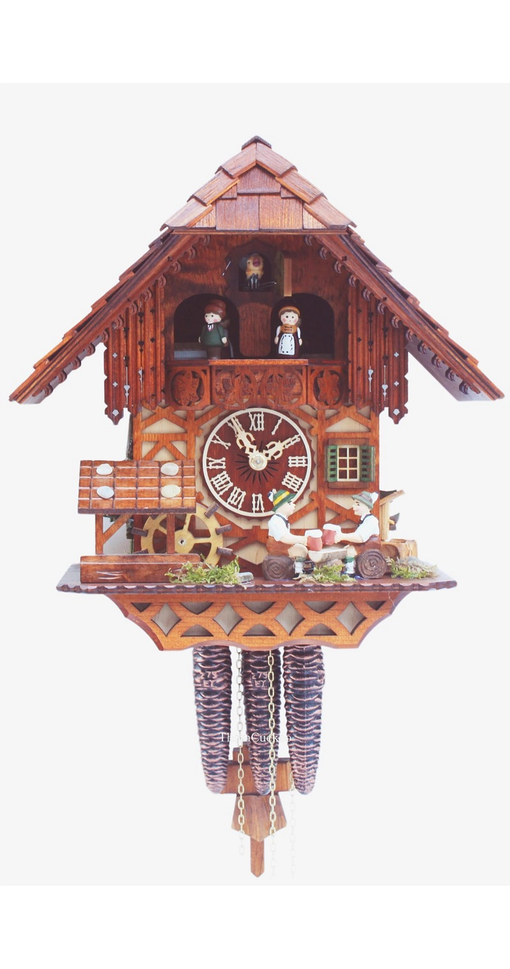 นาฬิกากุ๊กกูเยอรมัน Black Forest Germany ระบบกลไกไขลาน 1 วัน พร้อมเสียงดนตรี บ้านไม้สไตล์ Black Forest คนดื่มเบียร์เคลื่อนไหว กังหันน้ำหมุนได้ รหัสสินค้า 0811