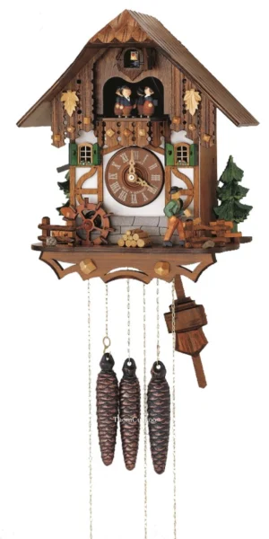นาฬิกากุ๊กกูเยอรมัน Black Forest Germany ระบบกลไกไขลาน 1 วัน พร้อมเสียงดนตรี บ้านไม้สไตล์ Black Forest คนตัดไม้เคลื่อนไหว กังหันน้ำหมุนได้ รหัสสินค้า 0812