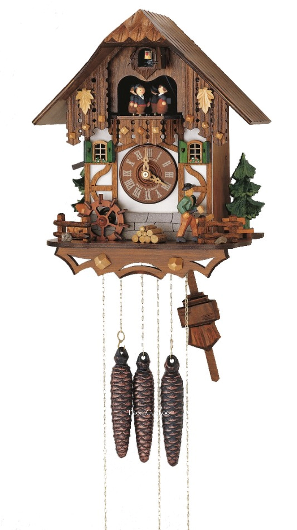 นาฬิกากุ๊กกูเยอรมัน Black Forest Germany ระบบกลไกไขลาน 1 วัน พร้อมเสียงดนตรี บ้านไม้สไตล์ Black Forest คนตัดไม้เคลื่อนไหว กังหันน้ำหมุนได้ รหัสสินค้า 0812