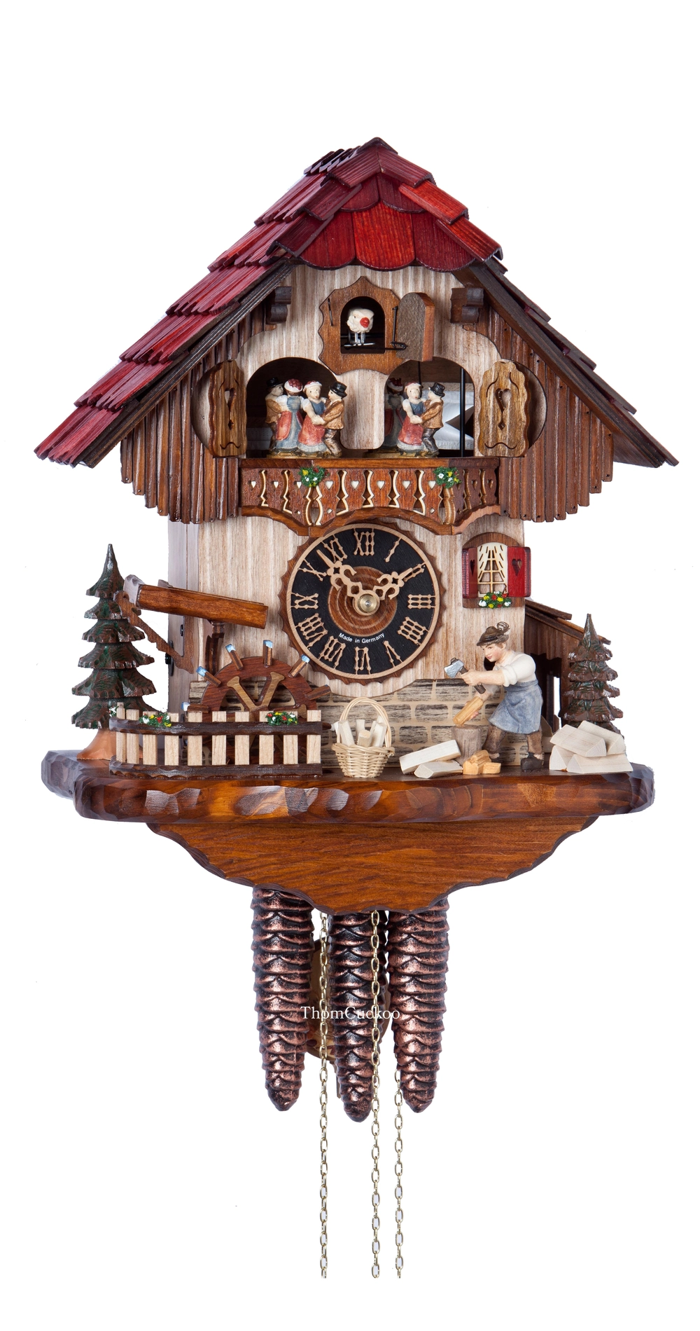 นาฬิกากุ๊กกูเยอรมัน Black Forest Germany ระบบกลไกไขลาน 1 วัน พร้อมเสียงดนตรี บ้านไม้สไตล์ Black Forest คนตัดไม้เคลื่อนไหว กังหันน้ำหมุนได้ รหัสสินค้า 0813