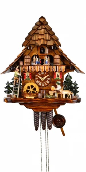 นาฬิกากุ๊กกูเยอรมัน Black Forest Germany ระบบกลไกไขลาน 1 วัน พร้อมเสียงดนตรี บ้านไม้สไตล์ Black Forest คนดื่มเบียร์เคลื่อนไหว กังหันน้ำหมุนได้ รหัสสินค้า 0816
