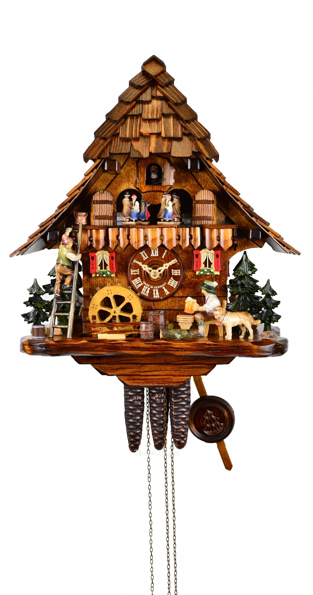 นาฬิกากุ๊กกูเยอรมัน Black Forest Germany ระบบกลไกไขลาน 1 วัน พร้อมเสียงดนตรี บ้านไม้สไตล์ Black Forest คนดื่มเบียร์เคลื่อนไหว กังหันน้ำหมุนได้ รหัสสินค้า 0816