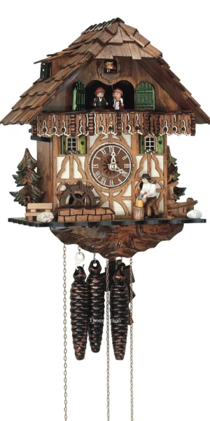 นาฬิกากุ๊กกูเยอรมัน Black Forest Germany ระบบกลไกไขลาน 1 วัน พร้อมเสียงดนตรี บ้านไม้สไตล์ Black Forest คนตัดไม้เคลื่อนไหว กังหันน้ำหมุนได้ รหัสสินค้า 0819