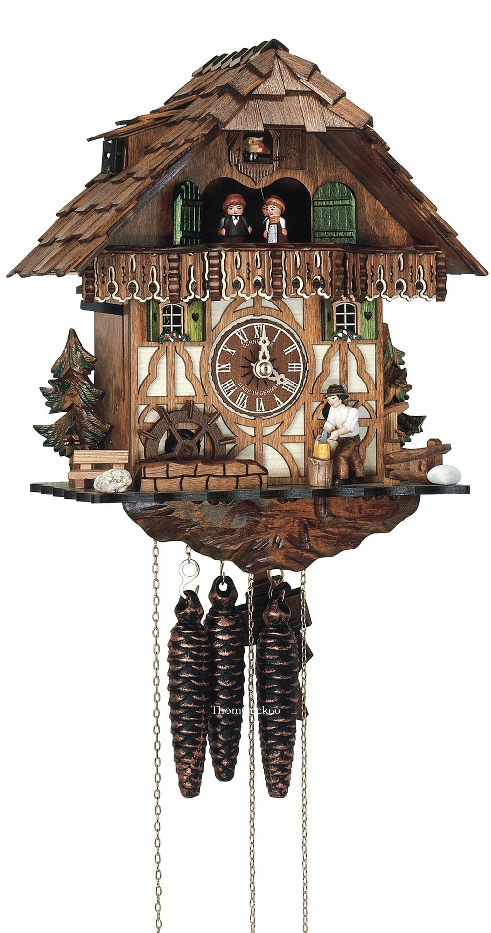 นาฬิกากุ๊กกูเยอรมัน Black Forest Germany ระบบกลไกไขลาน 1 วัน พร้อมเสียงดนตรี บ้านไม้สไตล์ Black Forest คนตัดไม้เคลื่อนไหว กังหันน้ำหมุนได้ รหัสสินค้า 0819