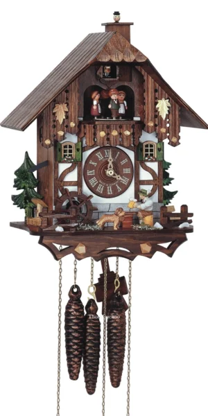 นาฬิกากุ๊กกูเยอรมัน Black Forest Germany ระบบกลไกไขลาน 1 วัน พร้อมเสียงดนตรี บ้านไม้สไตล์ Black Forest คนดื่มเบียร์เคลื่อนไหว กังหันน้ำหมุนได้ รหัสสินค้า 0824
