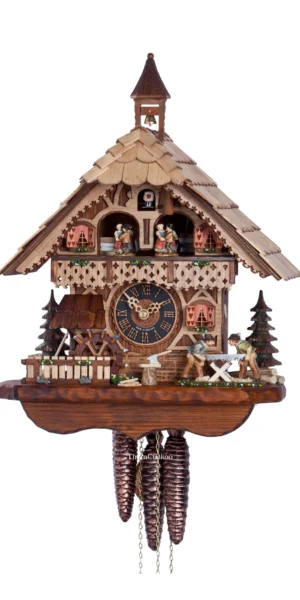 นาฬิกากุ๊กกูเยอรมัน Black Forest Germany ระบบกลไกไขลาน 1 วัน พร้อมเสียงดนตรี บ้านไม้สไตล์ Black Forest คนตัดไม้เคลื่อนไหว กังหันน้ำหมุนได้ รหัสสินค้า 0830