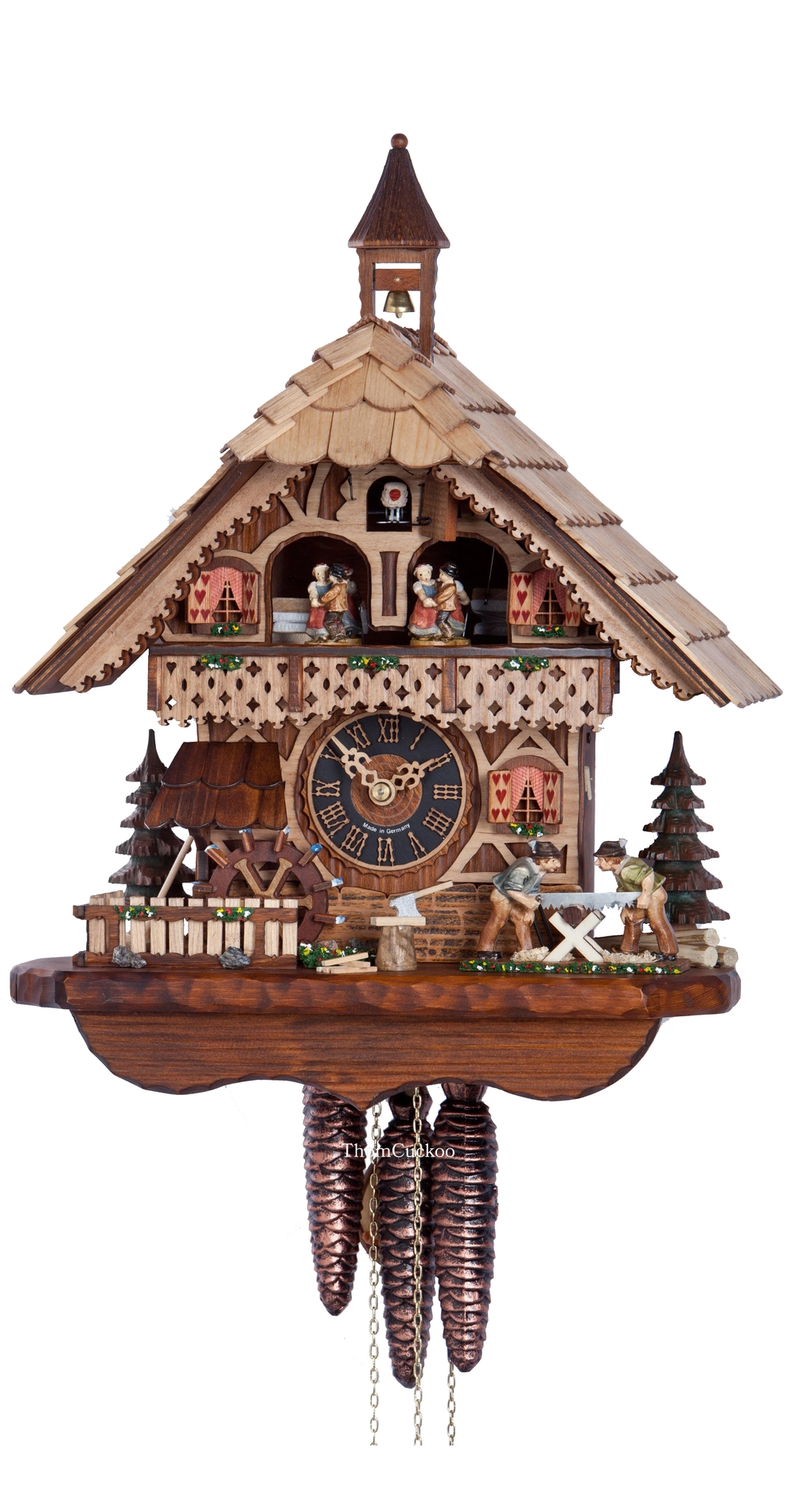 นาฬิกากุ๊กกูเยอรมัน Black Forest Germany ระบบกลไกไขลาน 1 วัน พร้อมเสียงดนตรี บ้านไม้สไตล์ Black Forest คนตัดไม้เคลื่อนไหว กังหันน้ำหมุนได้ รหัสสินค้า 0830
