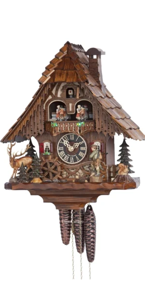 นาฬิกากุ๊กกูเยอรมัน Black Forest Germany ระบบกลไกไขลาน 1 วัน พร้อมเสียงดนตรี บ้านไม้สไตล์ Black Forest นายพรานเคลื่อนไหว ธีมนายพราน รหัสสินค้า 0833