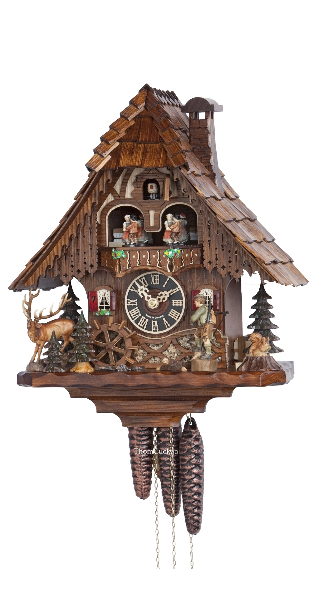 นาฬิกากุ๊กกูเยอรมัน Black Forest Germany ระบบกลไกไขลาน 1 วัน พร้อมเสียงดนตรี บ้านไม้สไตล์ Black Forest นายพรานเคลื่อนไหว ธีมนายพราน รหัสสินค้า 0833