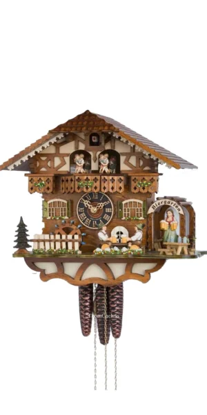 นาฬิกากุ๊กกูเยอรมัน Black Forest Germany ระบบกลไกไขลาน 1 วัน พร้อมเสียงดนตรี บ้านไม้สไตล์ Black Forest คนดื่มเบียร์คู่เคลื่อนไหว กังหันน้ำหมุนได้ รหัสสินค้า 0838
