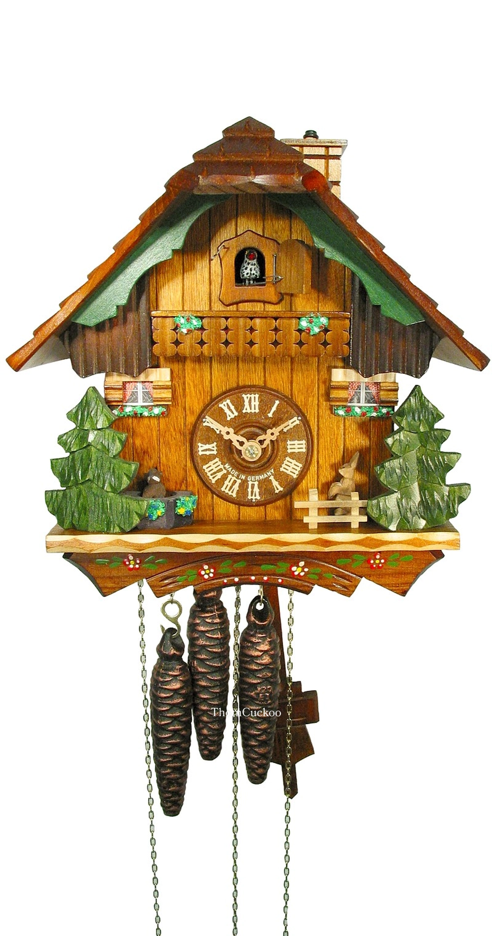 นาฬิกากุ๊กกูเยอรมัน Black Forest Germany ระบบกลไกไขลาน 1 วัน พร้อมเสียงดนตรี ดีไซน์คลาสสิก สัตว์ป่า ปล่องไฟสไตล์ยุโรป รหัสสินค้า 0751