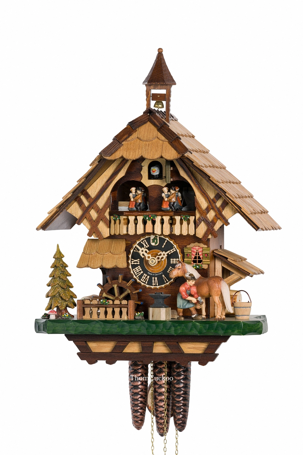 นาฬิกากุ๊กกูเยอรมัน Black Forest Germany ระบบกลไกไขลาน 1 วัน พร้อมเสียงดนตรี ดีไซน์คลาสสิก กังหันน้ำหมุนได้ ช่างตีเหล็กเคลื่อนไหว รหัสสินค้า 0831
