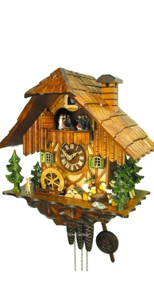 นาฬิกากุ๊กกูเยอรมัน Black Forest Germany ระบบกลไกไขลาน 1 วัน พร้อมเสียงดนตรี บ้านไม้เยอรมัน คนดื่มเบียร์คู่เคลื่อนไหว กังหันน้ำหมุนได้ รหัสสินค้า 0821